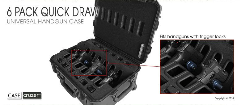 Handgun Case shown with trigger lock on pistols